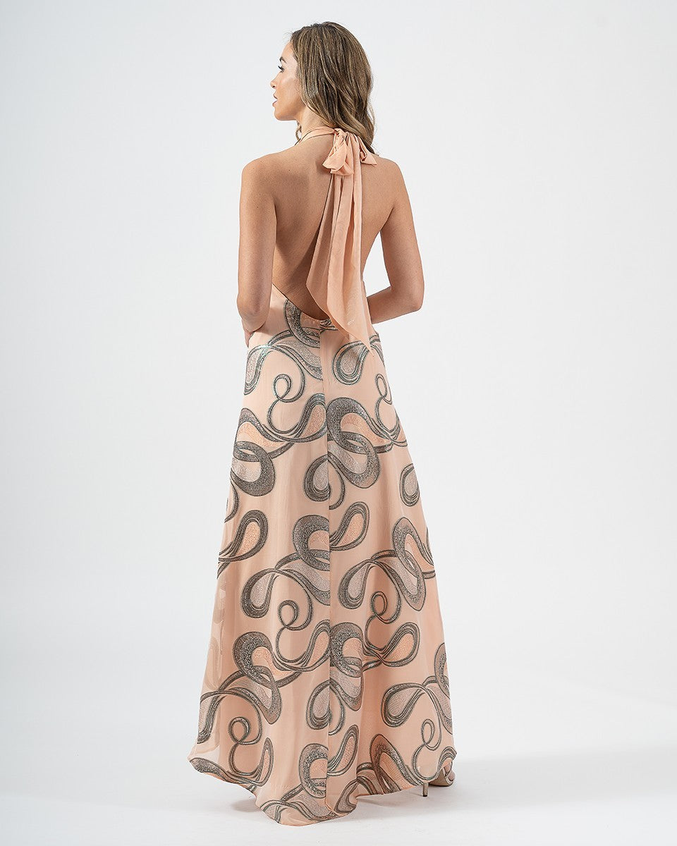 VESTIDO HALTER BORDADO NUDE